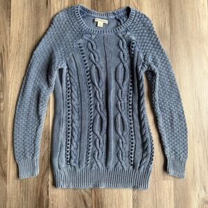 2000s RuffHewn XS Blue Cable Knit Cotton Sweater Pointelle Pullover‎ Long Sleeve